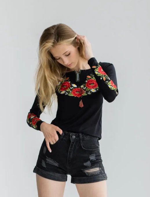 Bold Black Ukrainian Blouse with Red Poppy Embroidery