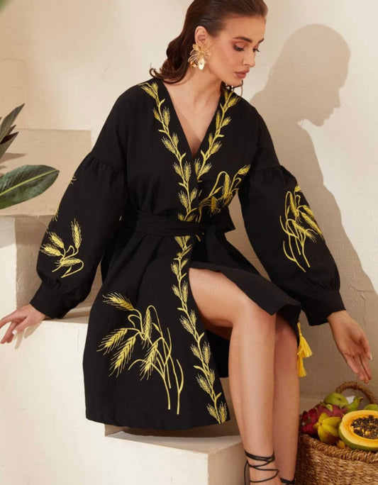 Dreamy Embroidered Black Summer Boho Resourt Vyshyvanka Dress