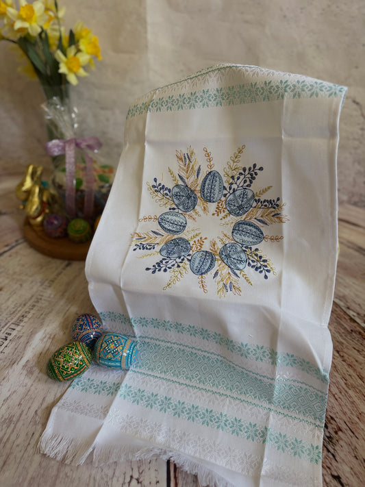 Blue Ukrainian Embroidered Easter Basket Cover featuring Easter eggs