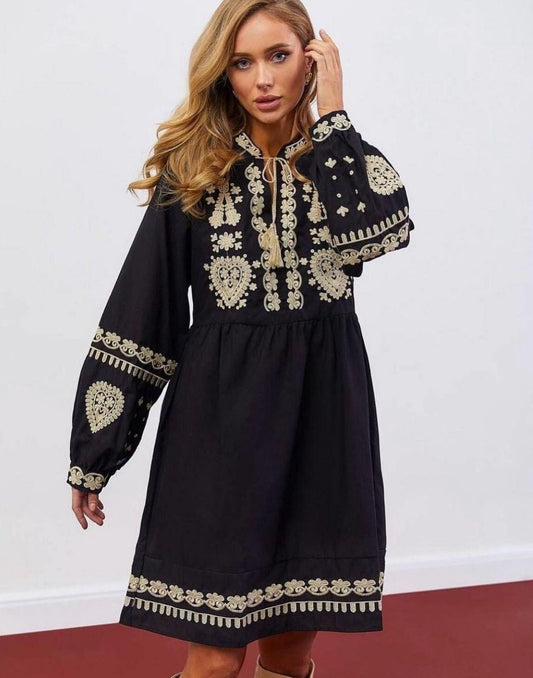 Stylish Embroidered Oversize  Black Summer Boho Vyshyvanka Dress