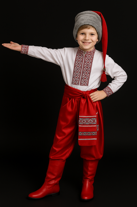 5-16YO Ethnic Red Traditional Ukrainian Cossac Folk Costume for Boys With Sharovary and Hat