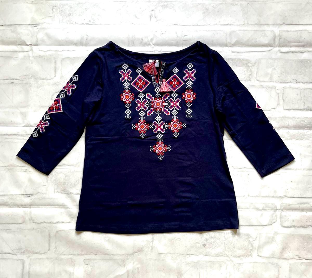 Symbolic Navy Blue Ukrainian Blouse with Red Geometric Embroidery