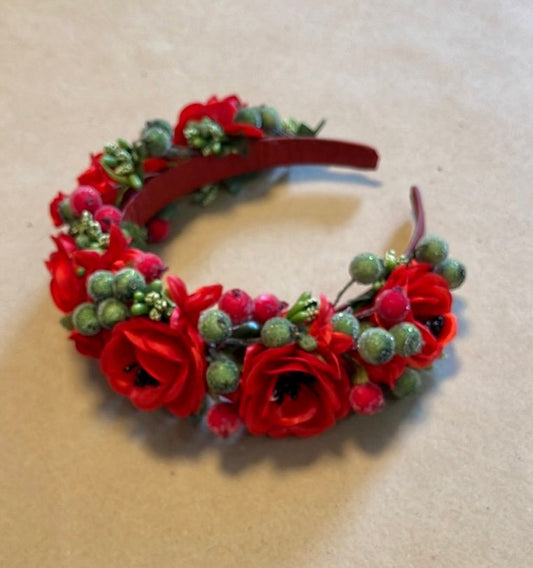 Fantasy Handmade Ukrainian Floral Crown Red Flowers Green Berries