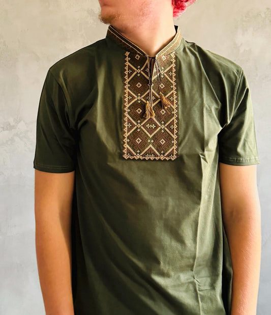 S-3XL Folk Embroidered Ukrainian T-Shirt for Men Green Base with Brown Embroidery