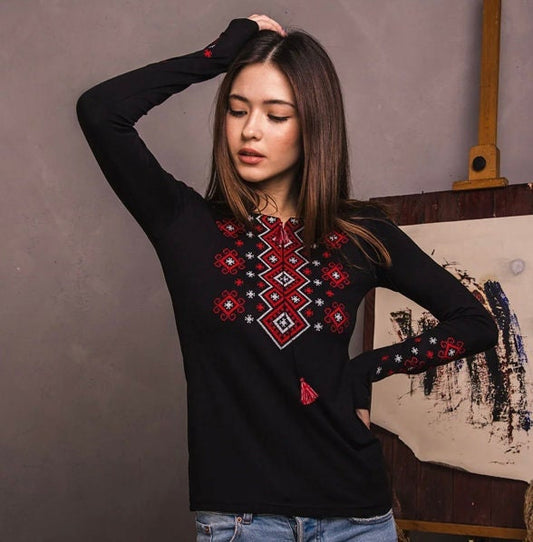 Gorgeous Folk Noveau Embroidered Balck Vyshyvanka Blouse for Women