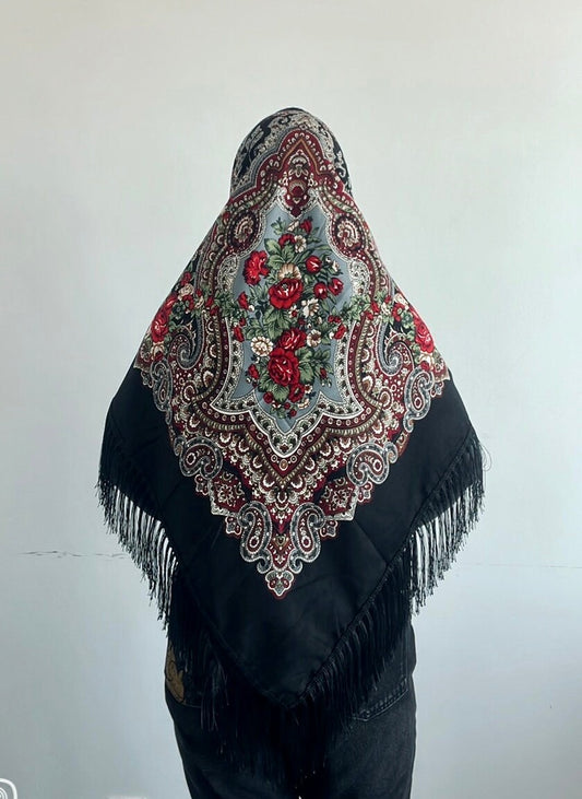 Gorgeous Extra-Large Black Traditional Ukrainian Floral Scarf