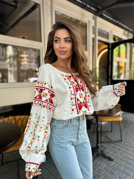 Chic Resort-Ready Vyshyvanka Blouse with Red and Multicolor Geometric Embroidery