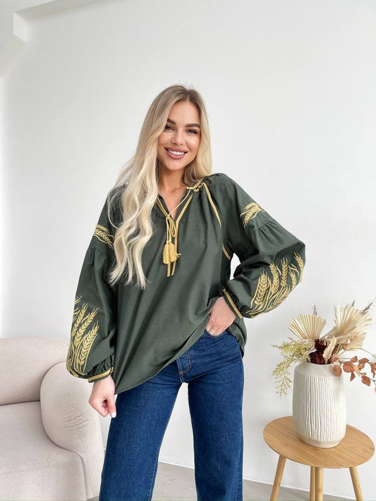Green Boho Blouse with Gold Eyes of Corn Embroidery A Symbolic Statement of Elegance