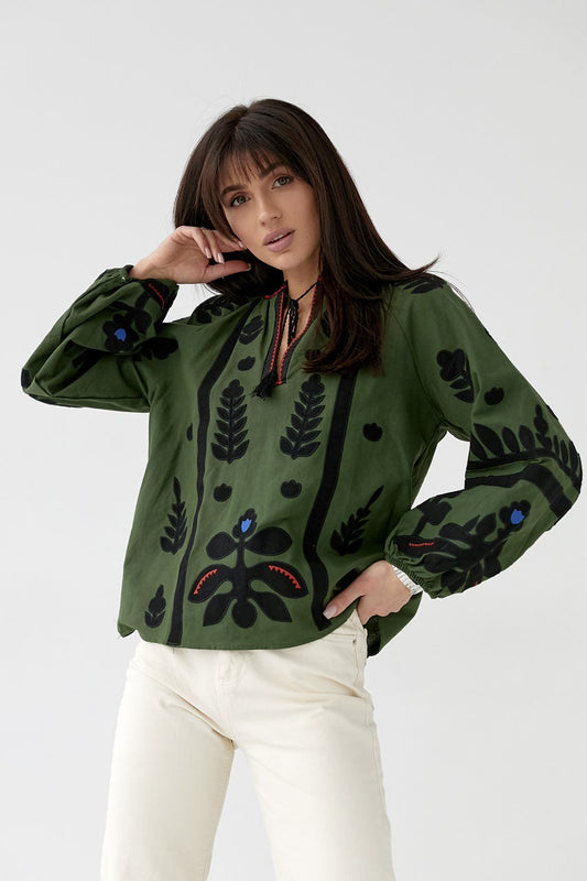 Gorgeous Green Boho Embroidered Blouse with Floral Motiff