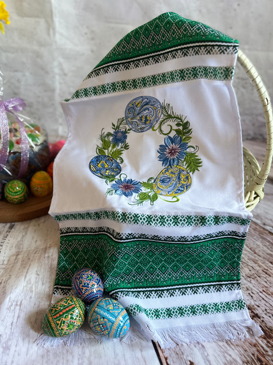 Large Ukrainian Easter Towel – Green Ryshnyk Basket Cover with Embroidered Pysanka