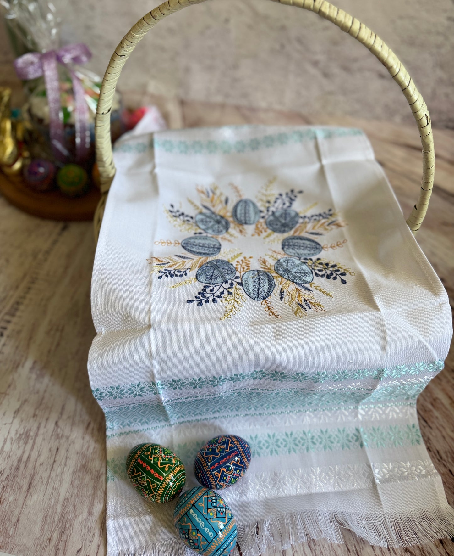Blue Ukrainian Embroidered Easter Basket Cover featuring Easter eggs