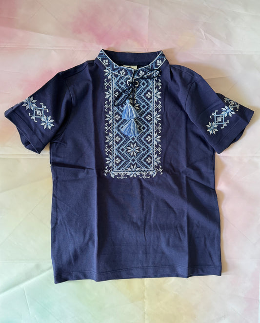 2-12YO Elegant Blue Ukrainian Embroidered Vyshyvanka T-Shirt for Teens with Embroidery