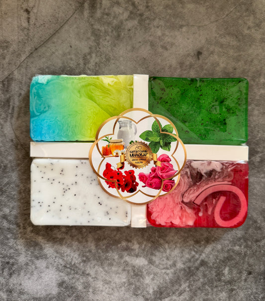Handmade Carpathian Soap Gift Set – Mint, Honey, Milk, Rose, Poppy Scrub