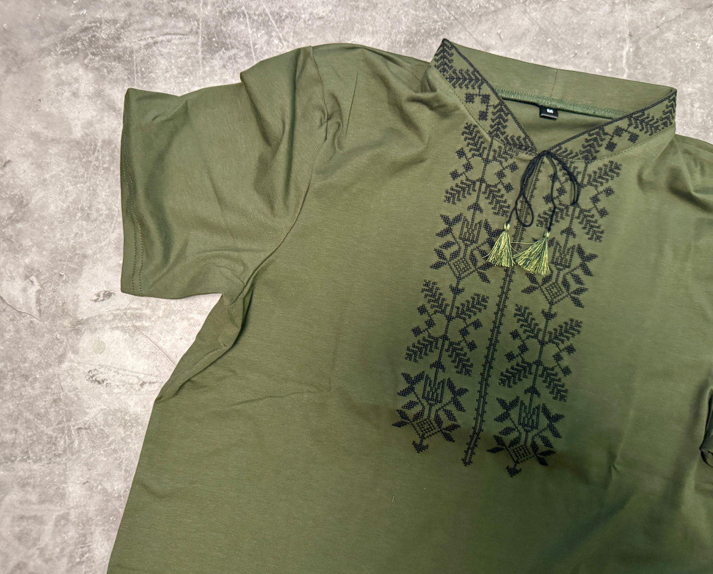 Khaki Green Ukrainian T-Shirt for Men with Tryzub Embroidery