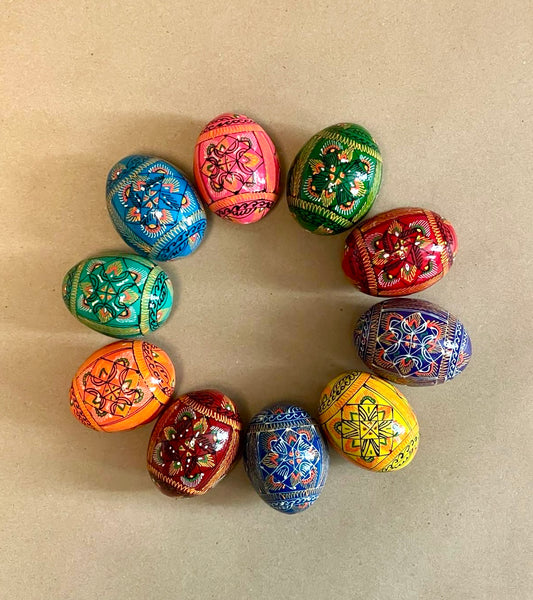 Set of 10 Wooden Easter Handpainted Pysanka Eggs, Ukrainian Easter Egg Set