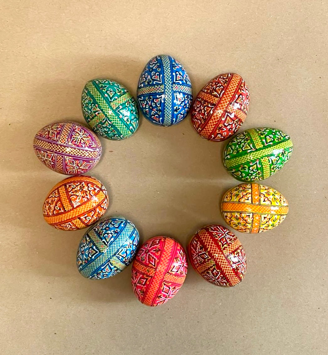 Set of 10 Wooden Easter Handpainted Pysanka Eggs, Ukrainian Easter Egg Set