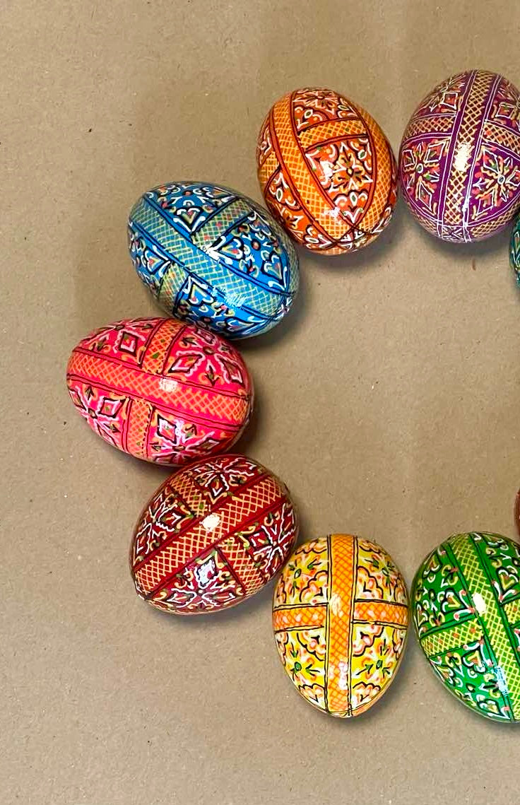 Set of 10 Wooden Easter Handpainted Pysanka Eggs, Ukrainian Easter Egg Set