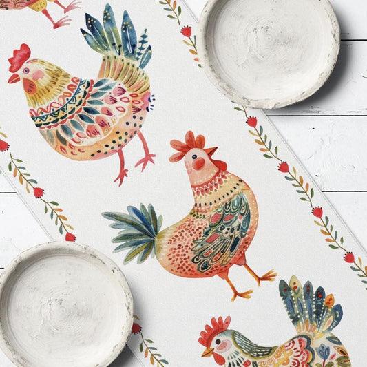 Joyful Easter Table Runner with Rooster Motifs