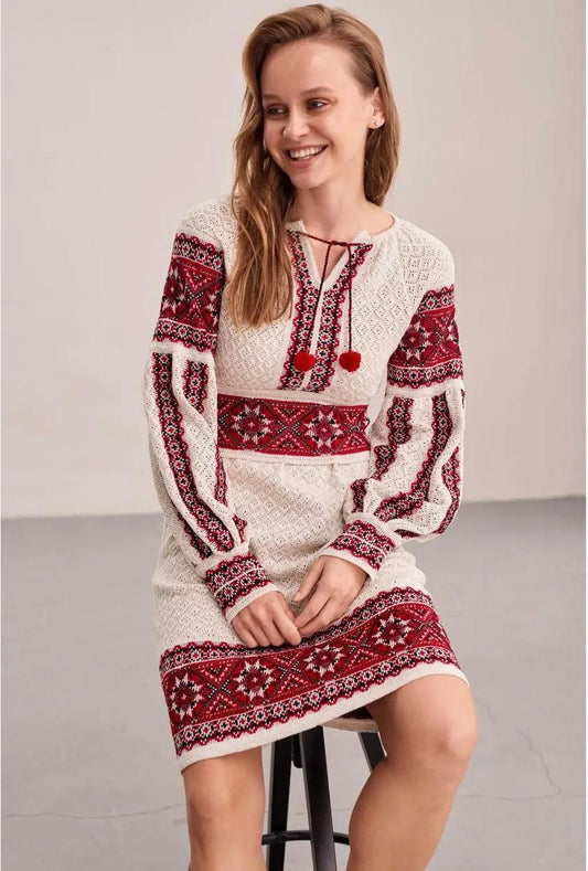 Everyday Luxury Knitted Crochet Boho Dress with Red Embroidery