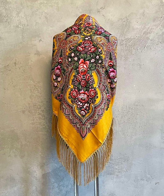 Awesome Large Yellow Floral Ethnic Ukrainian Shawl