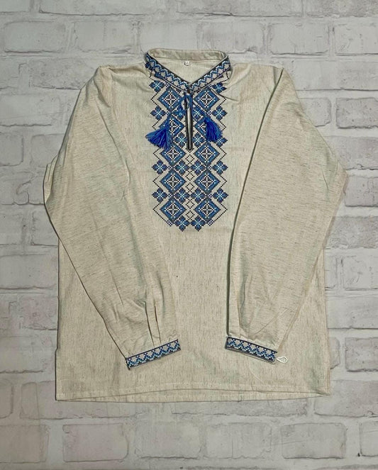 Linen Traditional Ukrainian Vyshyvanka Shirt for Men with Blue Embroidery
