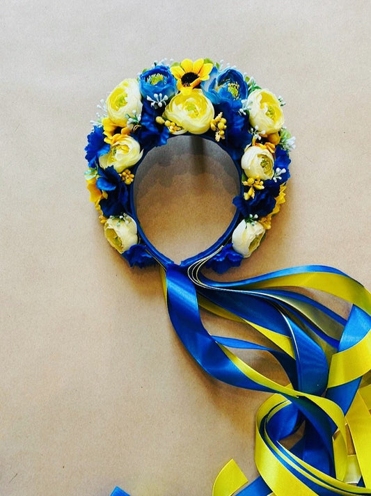 Luxury Flower Blue Yellow Ukrainian Flower VInok Folk Head Attire with Ribbons
