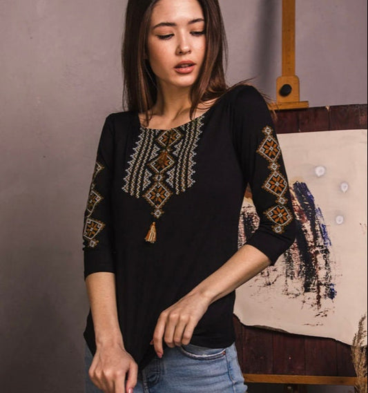 Folk Nouveau Black Ukrainian Blouse with Gold Geometric Embroidery