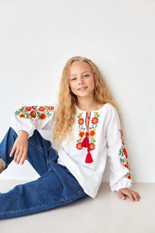 2-12YO Modern Folk Ukrainian Vyshyvanka Blouse for Girls with Floral Embroidery