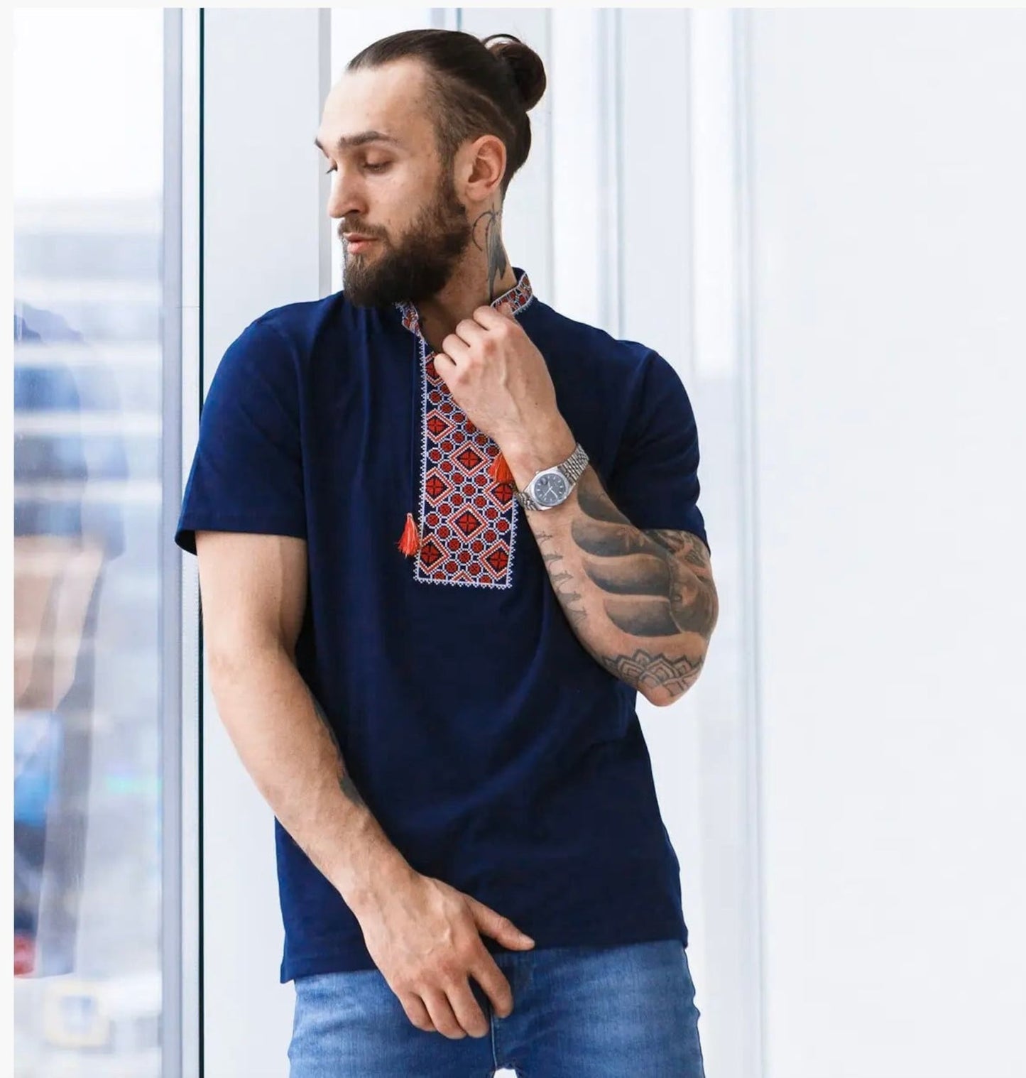 Modern Ukrainian Summer T-Shirt for Men with Blue Base and Red Embroidery