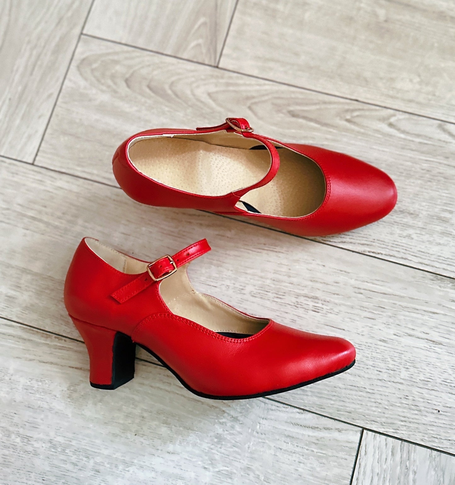 Red Leather Ukrainian Folk Dance Shoes with Virsky Heel and Strap