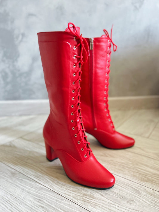 Red Leather Ukrainian Folk Dance Boots with Heel & Lace-Up Front