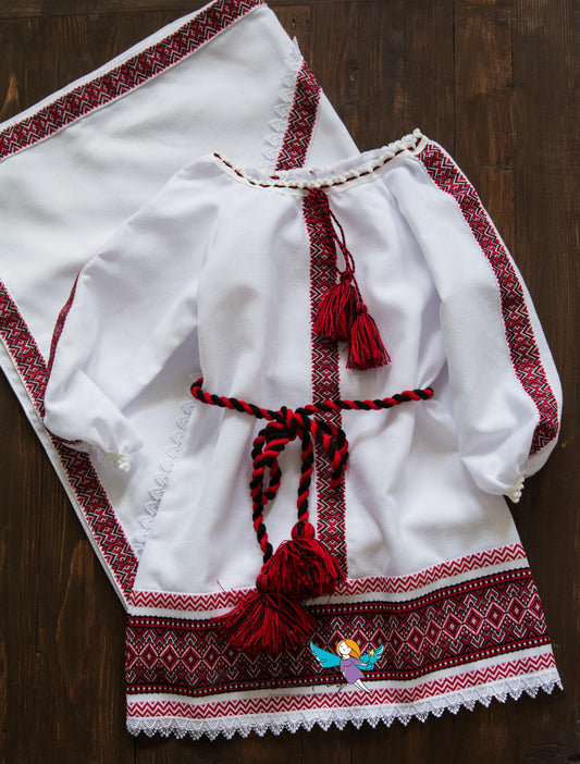 Cute Red Ukrainian Baby Girl Christening Set With Dress and Kryzhmo Vyshyvanka Christening Dress