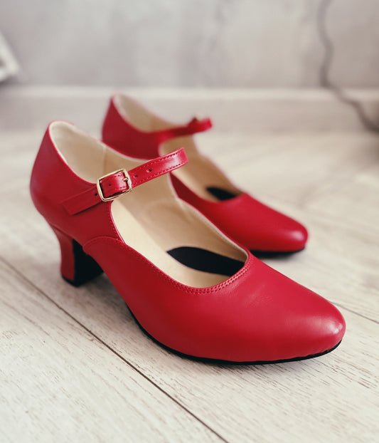 Red Leather Ukrainian Folk Dance Shoes with Virsky Heel and Strap