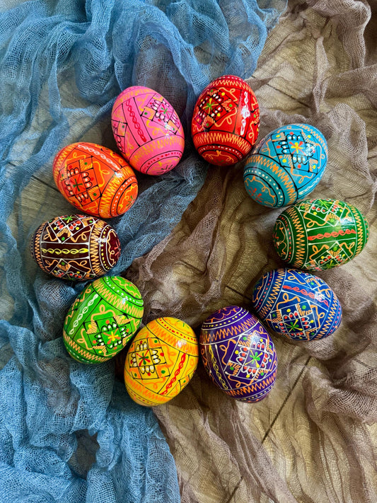 Set of 10 Wooden Easter Handpainted Pysanka Eggs, Ukrainian Easter Egg Set