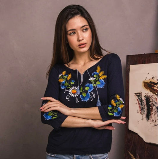 Romantic Blue Ukrainian Vyshyvanka Blouse with Blue Floral Embroidery