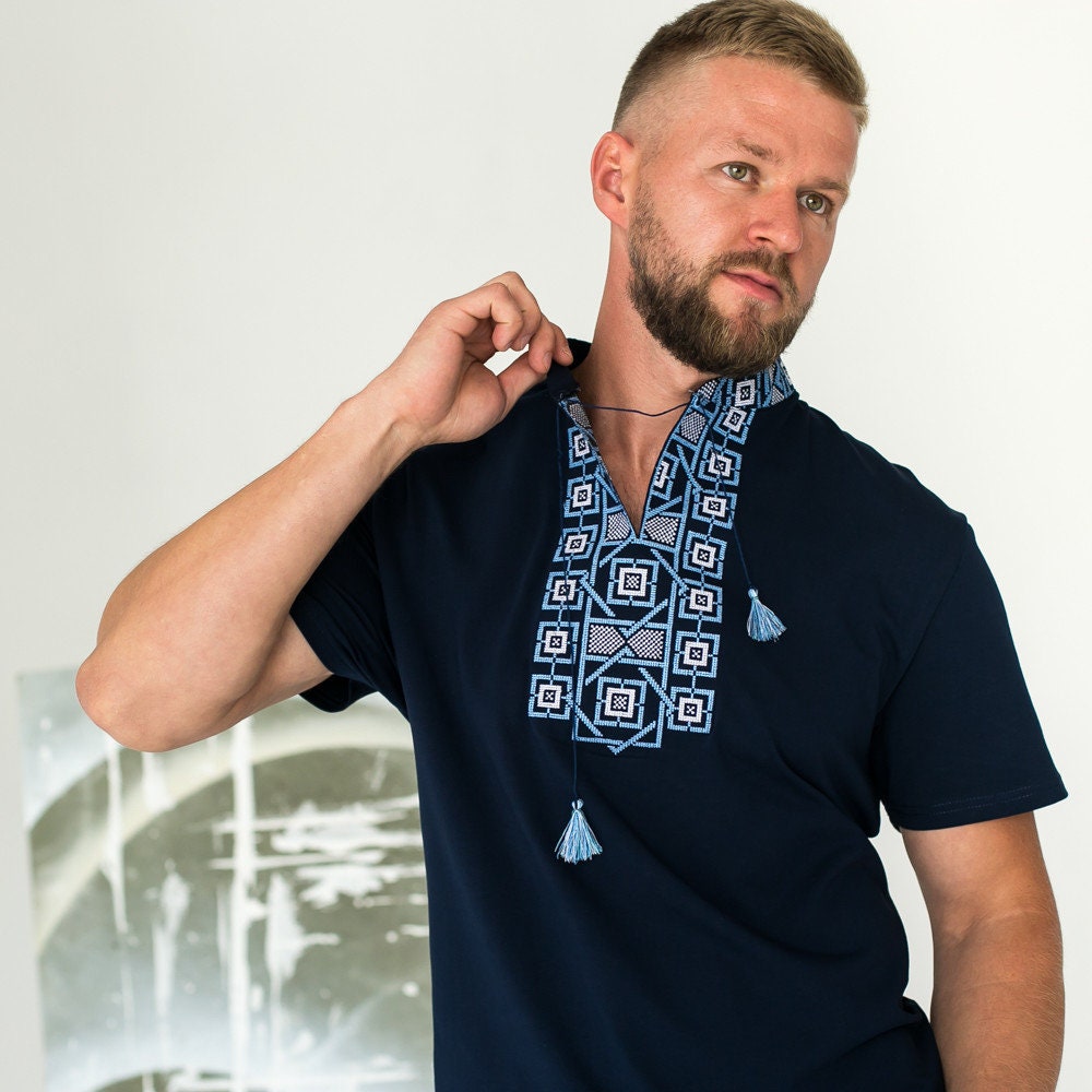 S-3XL Modern Slavic T-Shirt Blue Base with Blue Embroidery