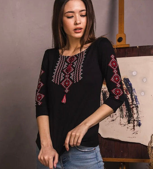 Boho Black Vyshyvanka Blouse with Sexy Red Geometric Embroidery