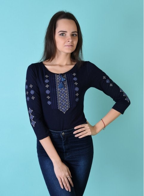 Graceful Ukrainian Vyshyvanka Blouse with Blue Geometric Embroidery