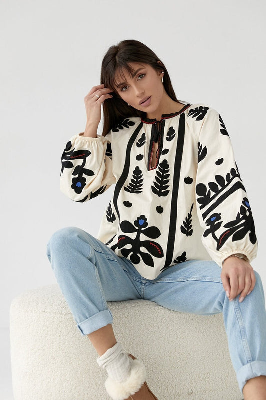 Elegant Summer Folk Nuoveau Blouse with Floral Motiff Beige Aztec Embroidery Blouse