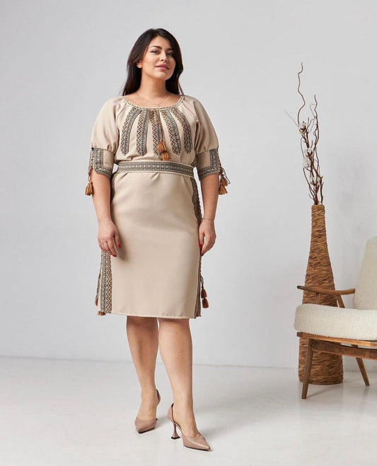 XXS-6XL Traditional Ukrainian Beige Vyshyvanka Dress for Women