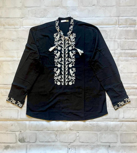 S-2XL Modern Ukrainian Black Long Sleeve Sorochka Shirt with Brid Motif