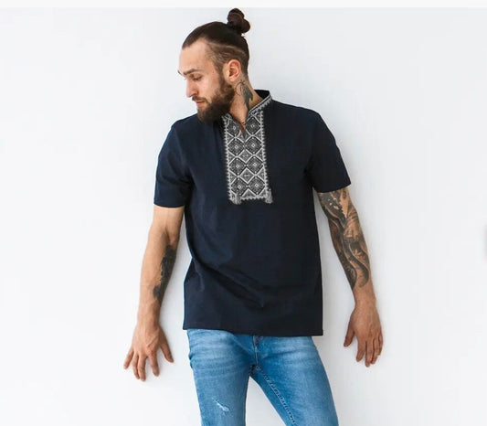 S-3XL Modern Ukrainian Black T-Shirt with Silver Embroidery for Men