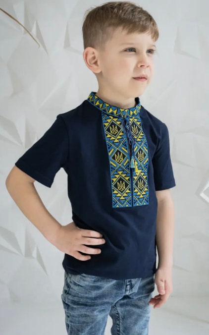 1-13YO Ukrainian Blue Vyshyvanka T-Shirt for Boys with Tryzub Embroidery