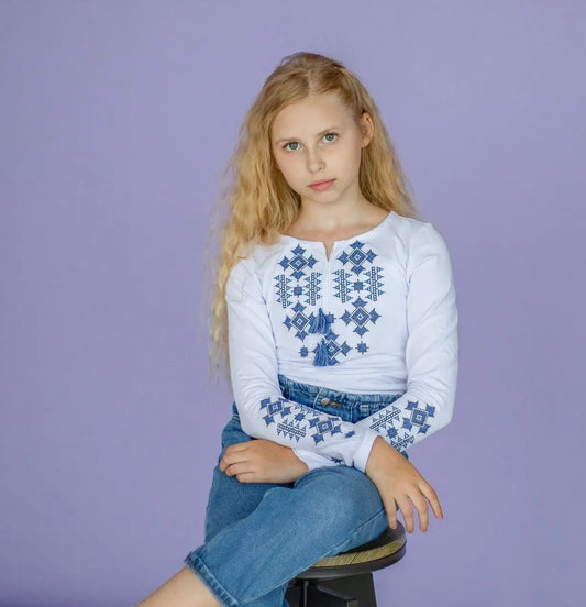 Ukrainian Cotton Vyshyvanka Blouse for Girls with Geometric Embroidery
