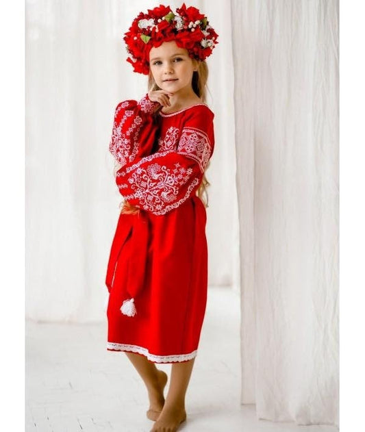 Beautiful Ukrainian Dress for Girls with White Embroidery and Matching Belt