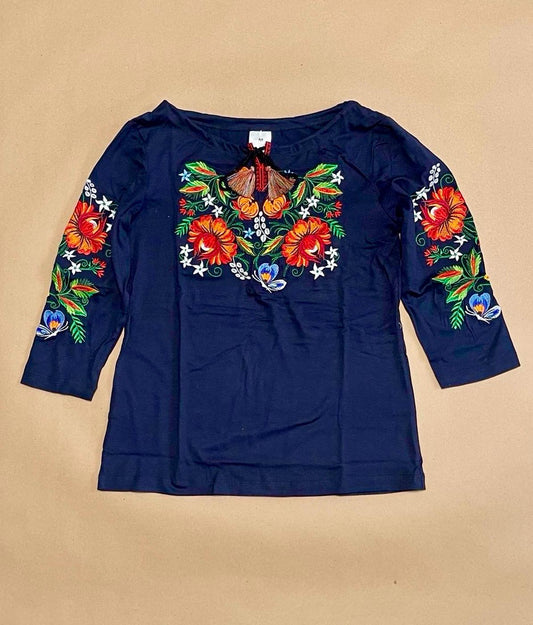 Boho Navy Ukrainian Blouse with Fiery Floral Embroidery