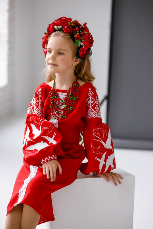 Beautiful Ukrainian Embroidered Dress for Girls with Lastivky Crochet Inserts and Belt