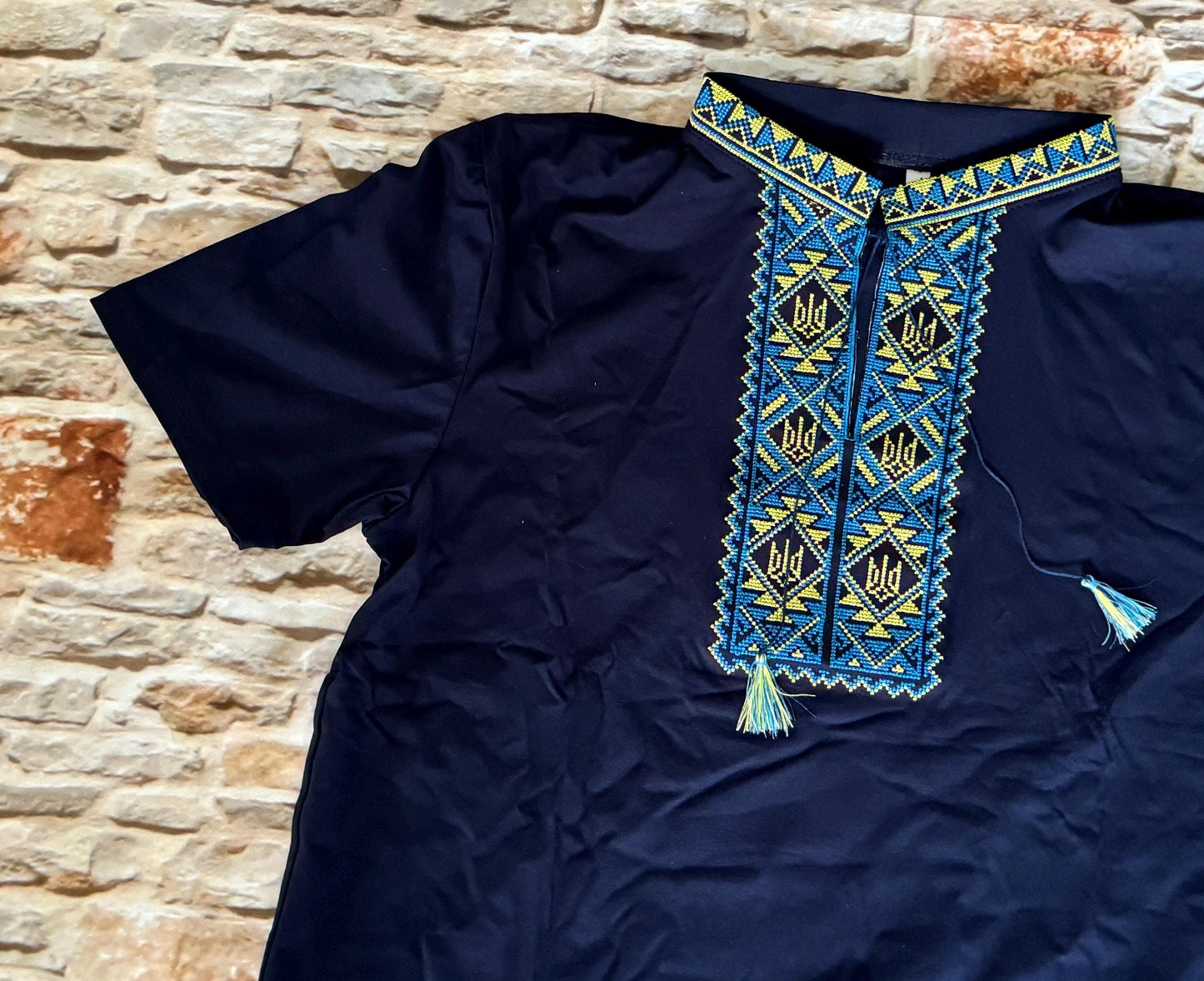 Modern Ukrainian Blue T-Shirt for Men with Tryzub Embroidery