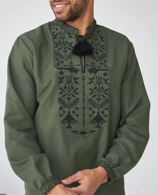 XS-7XL Green Ukrainian Vyshyvanka Shirt for Men Inspired by President Zelensky