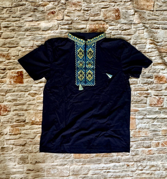 1-13YO Ukrainian Blue Vyshyvanka T-Shirt for Boys with Tryzub Embroidery